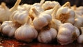 Still life of garlic heads with drops water. Illustration AI