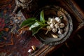 garlic in the style of Dutch artists. Garlic cloves lie on a bowl painted with oriental-style ornaments. The bowl Royalty Free Stock Photo