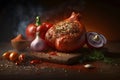 Still life with garlic, tomatoes, spices and herbs on a dark background. Food design. Baked vegitables. Delicious dish.