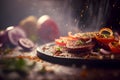 Still life with garlic, tomatoes, spices and herbs on a dark background. Food design. Baked vegitables. Delicious dish.