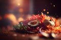 Still life with garlic, tomatoes, spices and herbs on a dark background. Food design. Baked vegitables. Delicious dish.