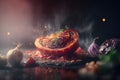 Still life with garlic, tomatoes, spices and herbs on a dark background. Food design. Baked vegitables. Delicious dish.