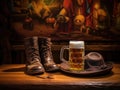 Still life with a glass of beer and cowboy boots on a wooden table.