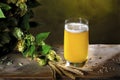 Glass of beer, hop cones, ears of barley Royalty Free Stock Photo