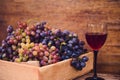 Still life with a glass of a red wine, made from organic sweet and juicy grapes, harvested in vineyards in a countryside
