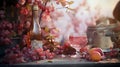 Still life with a glass of rose wine, grapes and apples on a wooden table, Generation AI illustrations. Royalty Free Stock Photo