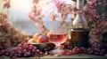 A still life with a glass of rose wine, grapes and a bottle of wine, Generation AI illustrations. Royalty Free Stock Photo