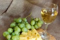 Still life with glass of white wine, cheese and grapes Royalty Free Stock Photo