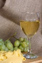 Still life with glass of white wine, cheese and grapes Royalty Free Stock Photo