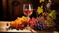 Still life with glass of wine and ripe grapes bunch on table generative ai Royalty Free Stock Photo