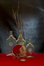 Still life with glassware on a red table Frozen time