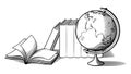 Still life with globe and books. Black and white vector illustration