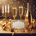 Still life golden decoration with candle, glass with champagne, a golden bottle and golden ribbons