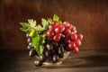 Still life with grape in the antique copper tin cup Royalty Free Stock Photo