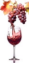 Still life of grape cluster with red wine splashing into glass.Generative ai Royalty Free Stock Photo