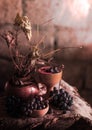 Still life grape dry flowers retro autumn plump bouguet vase wood decoration wine