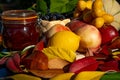 Still life with grapes, nectarines, lemon, jam and autumn leaves. Autumn harvest season. Fresh delicious healthy fruits Royalty Free Stock Photo