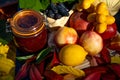 Still life with grapes, nectarines, lemon, unripe dates, jam and autumn leaves. Fresh delicious healthy fruits, contain vitamins, Royalty Free Stock Photo