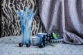 Still life with grapes, a vase, cherries, a cup and mugs. Artwork for drawing Royalty Free Stock Photo