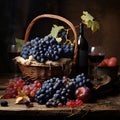 Still life with grapes, wine and basket on a dark background. Royalty Free Stock Photo