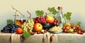 Still life with grapes, wine and fruits on the table. Vector illustration Royalty Free Stock Photo