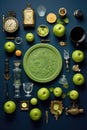 Still life with green apples, vintage candlesticks and antique objects.