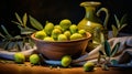 Still life with green olives, olive oil bottle, olive branch, and linen napkin on kitchen table Royalty Free Stock Photo