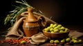 Still life with green olives, olive oil bottle, branch, and napkin on kitchen table Royalty Free Stock Photo