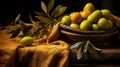 Still life with green olives, olive oil bottle, branch, and napkin on kitchen table Royalty Free Stock Photo