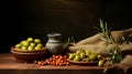 Still life with green olives, olive oil, branch, and linen napkin on wooden table Royalty Free Stock Photo