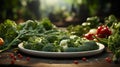 Still life of green vegetables on a plate, low-calorie dietetics with broccoli, salads