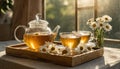 still life with herbal camomile tea and white camomile flowers on sunny table Royalty Free Stock Photo