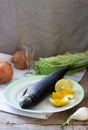 Still life of herring, lemon, onion and vodka. Rustic style Royalty Free Stock Photo
