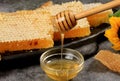 Still life with Honey.Honey in a jar and a honeycomb Royalty Free Stock Photo