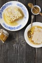 Still life with honey, honeycomb, pollen Royalty Free Stock Photo