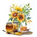 Still life with honey, pancakes and a bouquet of sunflowers, watercolor illustration,