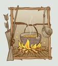 Still life of a hunter: gun, arrows, bag and cauldron with broth on fire Royalty Free Stock Photo