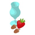 Still life icon isometric vector. Stemmed glass red strawberry and brown acorn