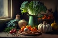 A still life illustration of different types of vegetables lying on a wooden table in a domestic kitchen. Created with Generative Royalty Free Stock Photo