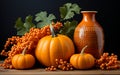 A still life illustration with fall elements like pumpkins and sea buckthorn