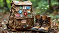 Hiking Backpack and Boots with Plants Growing Inside, Forest Setting Royalty Free Stock Photo