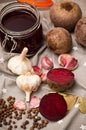 Homemade redbeet soup making process and ingredients Royalty Free Stock Photo