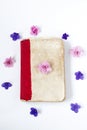 Still life interior decoration pink flower on retro book on white table background Royalty Free Stock Photo