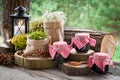 Still life with jars of fruit jam, vintage lamp Royalty Free Stock Photo