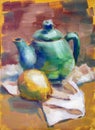 Still life with jug and fruits. Oil painting Royalty Free Stock Photo
