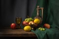 Still life with a jug of wine and fruits. Royalty Free Stock Photo