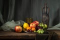 Still life with a jug of wine and fruits. Royalty Free Stock Photo