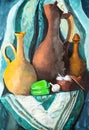 Still life with jugs and vegetables on green cloth