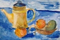 Still life with kettle and apples aquarelle