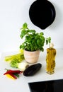 Still-life in the kitchen with oil bottle, celery, aubergine an